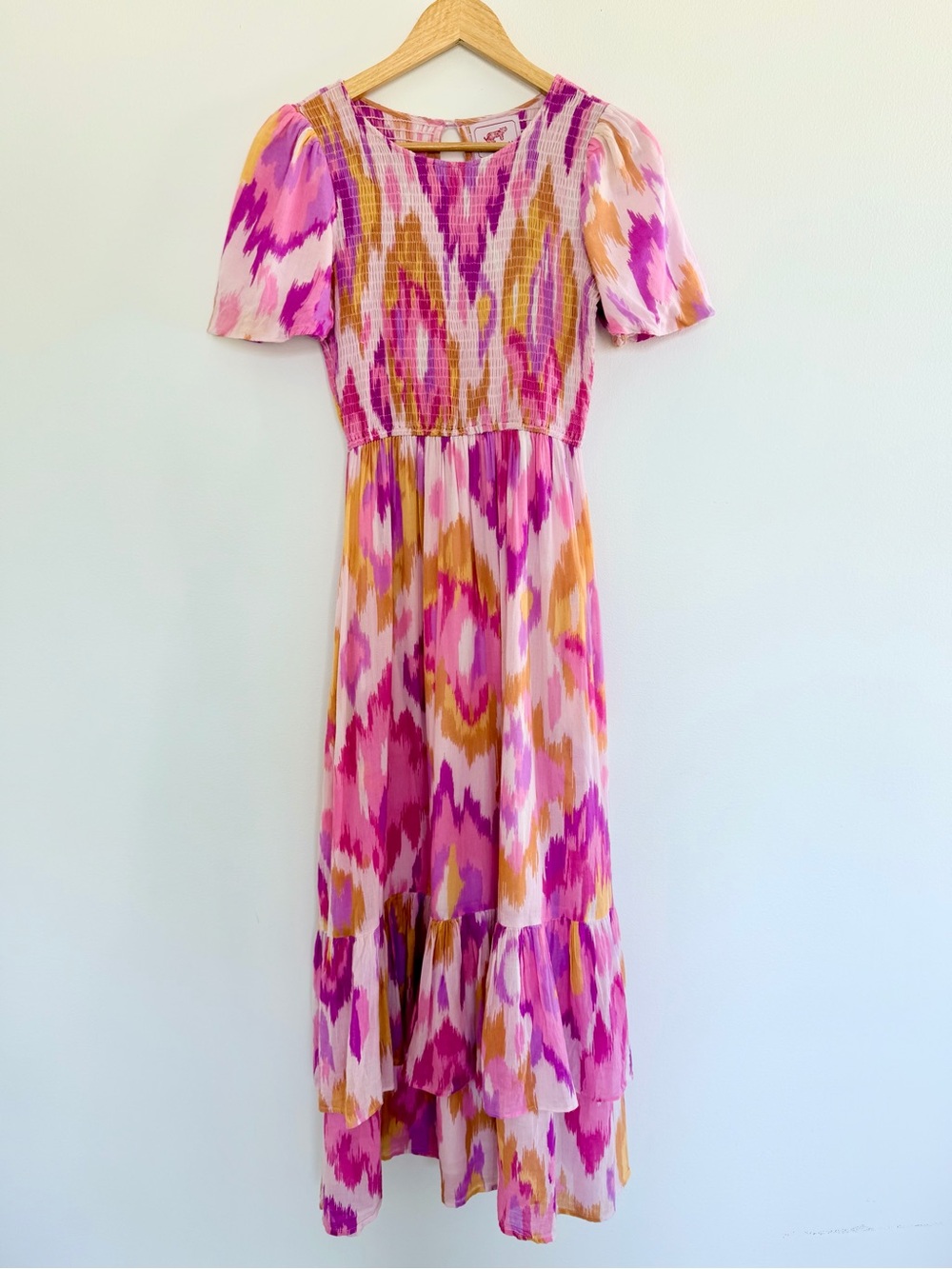 Banjanan Quant Dress Pink Ikat Smocked Puff Sleeve Tiered Maxi S